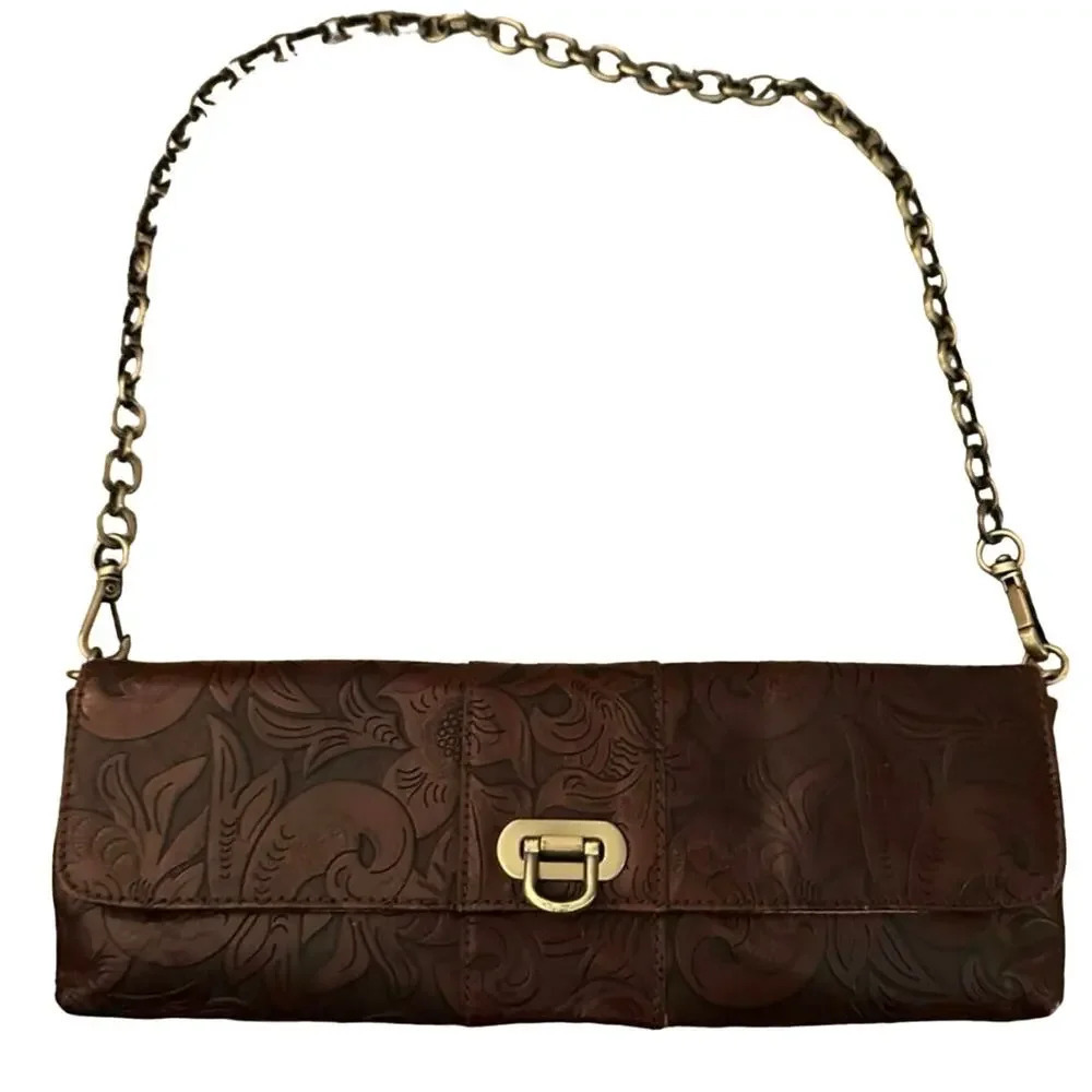 Nine West Brown 100% Leather Stamped Chain Shoulder Bag